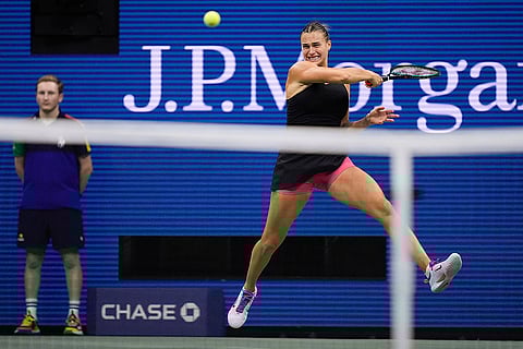 US Open Tennis Semifinal 2024: Aryna Sabalenka returns a shot to Emma Navarro